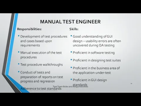 Test Team Roles and Responsibilities Responsibilities: Development of test procedures