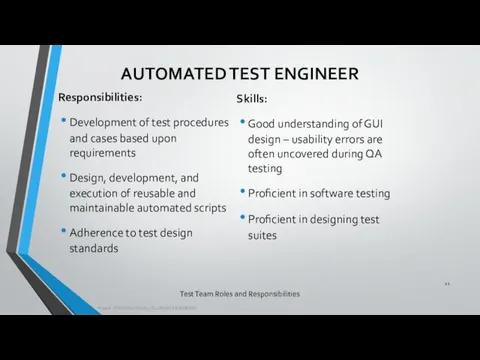 Test Team Roles and Responsibilities Responsibilities: Development of test procedures