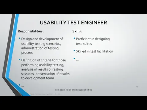 Test Team Roles and Responsibilities Responsibilities: Design and development of