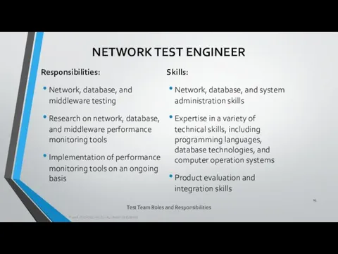 Test Team Roles and Responsibilities Responsibilities: Network, database, and middleware