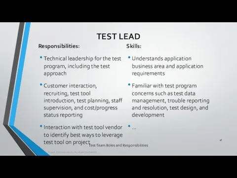 Test Team Roles and Responsibilities Responsibilities: Technical leadership for the