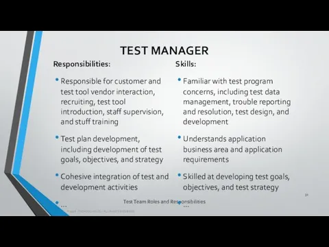 Test Team Roles and Responsibilities Responsibilities: Responsible for customer and