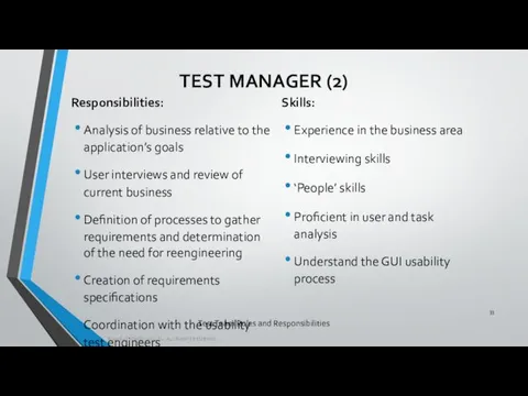 Test Team Roles and Responsibilities Responsibilities: Analysis of business relative