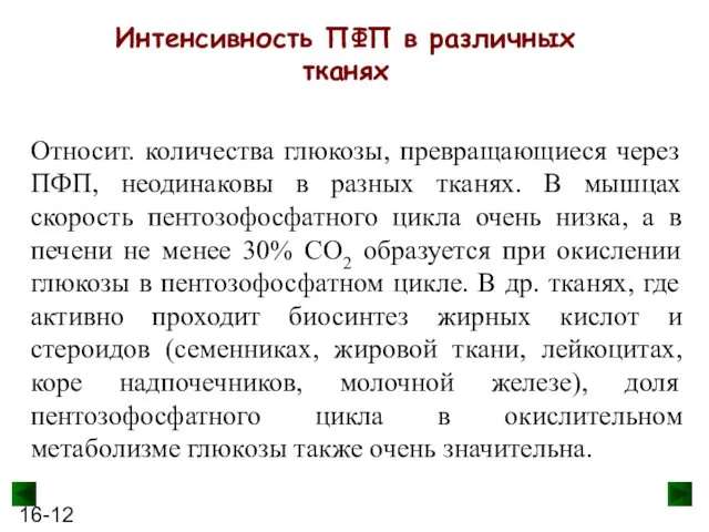 Интенсивность ПФП в различных тканях Относит. количества глюкозы, превращающиеся через