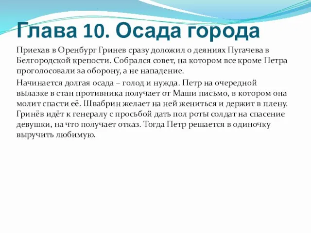 Глава 10. Осада города Приехав в Оренбург Гринев сразу доложил