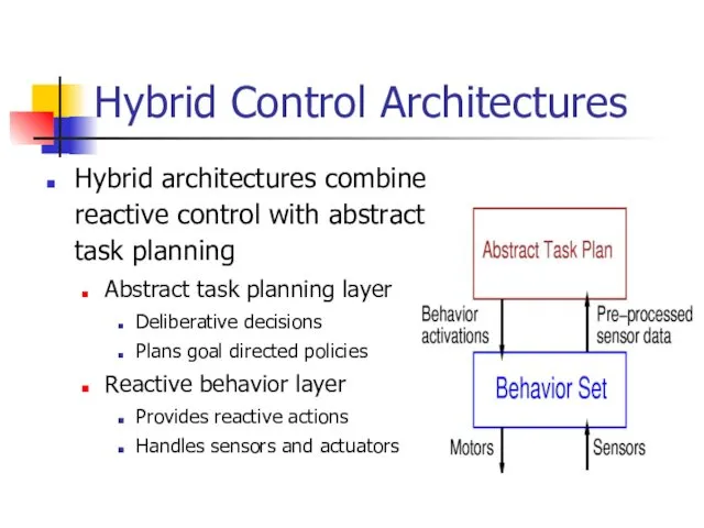 Hybrid Control Architectures Hybrid architectures combine reactive control with abstract
