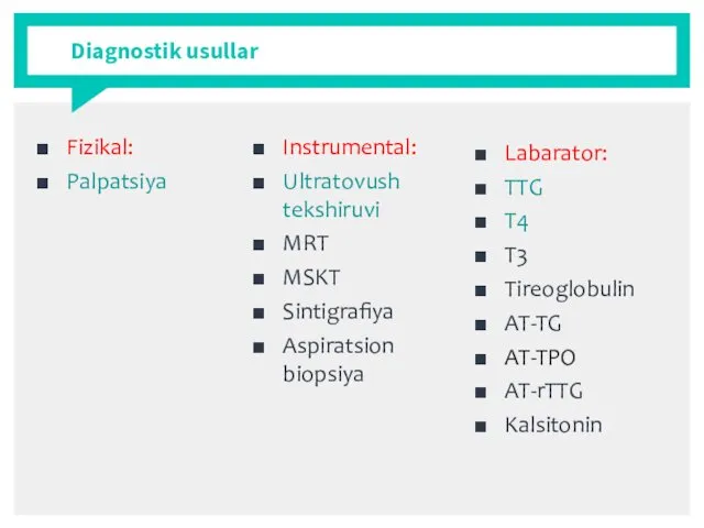 Diagnostik usullar Fizikal: Palpatsiya Instrumental: Ultratovush tekshiruvi MRT MSKT Sintigrafiya