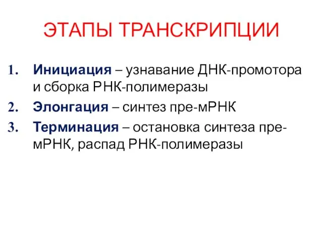 ЭТАПЫ ТРАНСКРИПЦИИ Инициация – узнавание ДНК-промотора и сборка РНК-полимеразы Элонгация