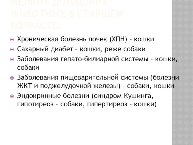 НАИБОЛЕЕ РАСПРОСТРАНЁННЫЕ БОЛЕЗНИ МЕЛКИХ ДОМАШНИХ ЖИВОТНЫХ В СТАРШЕМ ВОЗРАСТЕ: Хроническая