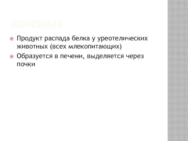 МОЧЕВИНА Продукт распада белка у уреотелических животных (всех млекопитающих) Образуется в печени, выделяется через почки