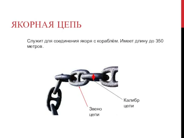 ЯКОРНАЯ ЦЕПЬ Служит для соединения якоря с кораблём. Имеет длину