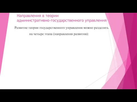 Направления в теории административно-государственного управления Развитие теории государственного управления можно разделить на четыре этапа (направления развития):