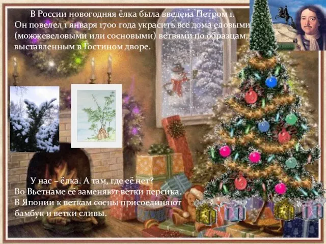В России новогодняя ёлка была введена Петром 1. Он повелел 1 января 1700