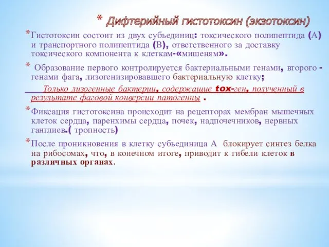 Дифтерийный гистотоксин (экзотоксин) Гистотоксин состоит из двух субъединиц: токсического полипептида