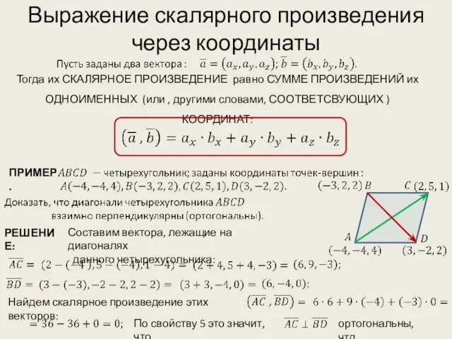 Выражение скалярного произведения через координаты ПРИМЕР. Составим вектора, лежащие на