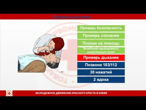 Проверь дыхание Проверь безопасность Проверь сознание Позови на помощь Возобнови