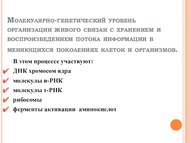 Молекулярно-генетический уровень организации живого связан с хранением и воспроизведением потока