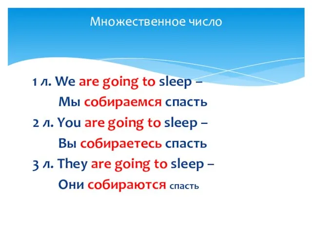 1 л. We are going to sleep – Мы собираемся