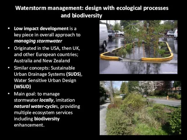 Waterstorm management: design with ecological processes and biodiversity in mind Low impact development