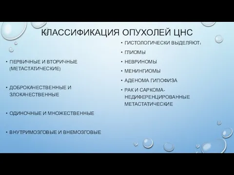 КЛАССИФИКАЦИЯ ОПУХОЛЕЙ ЦНС ПЕРВИЧНЫЕ И ВТОРИЧНЫЕ(МЕТАСТАТИЧЕСКИЕ) ДОБРОКАЧЕСТВЕННЫЕ И ЗЛОКАЧЕСТВЕННЫЕ ОДИНОЧНЫЕ