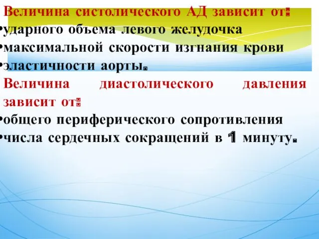 Величина систолического АД зависит от: ударного объема левого желудочка максимальной