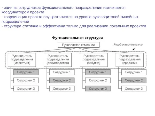 - один из сотрудников функционального подразделения назначается координатором проекта -