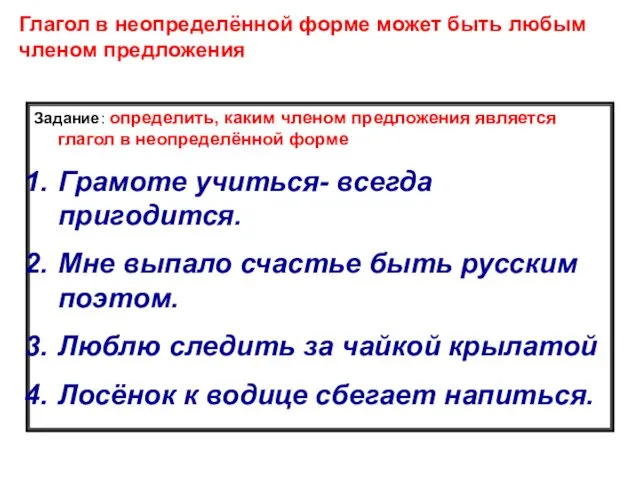 Глагол в неопределённой форме может быть любым членом предложения Задание: