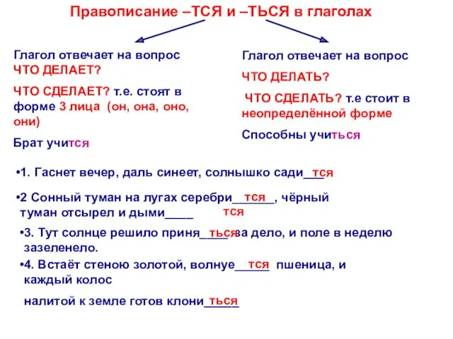 Правописание –ТСЯ и –ТЬСЯ в глаголах Глагол отвечает на вопрос