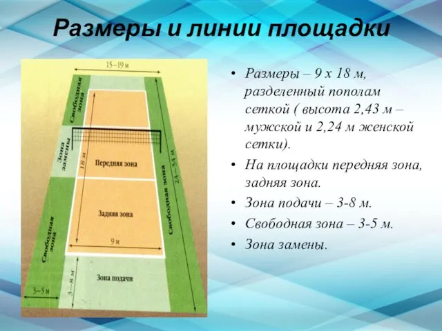 Размеры и линии площадки Размеры – 9 х 18 м,