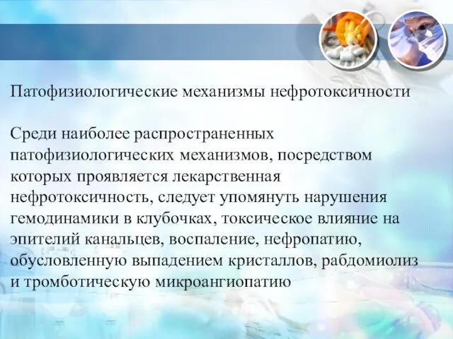 Патофизиологические механизмы нефротоксичности Среди наиболее распространенных патофизиологических механизмов, посредством которых проявляется лекарственная нефротоксичность,