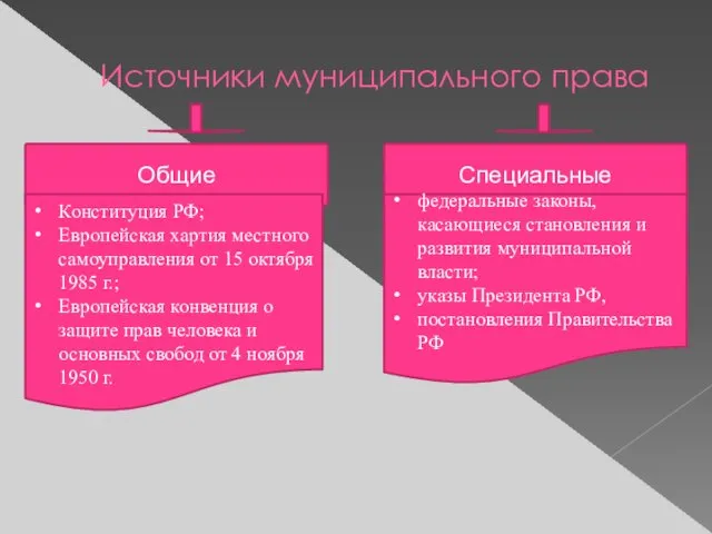 Источники муниципального права Общие Специальные Конституция РФ; Европейская хартия местного