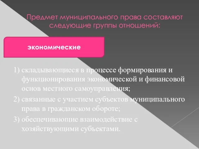 Предмет муниципального права составляют следующие группы отношений: 1) складывающиеся в