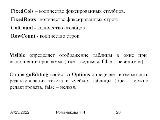 07/23/2022 Романькова Т.Л. FixedCols – количество фиксированных столбцов. FixedRows– количество