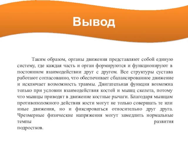 Вывод Таким образом, органы движения представляют собой единую систему, где