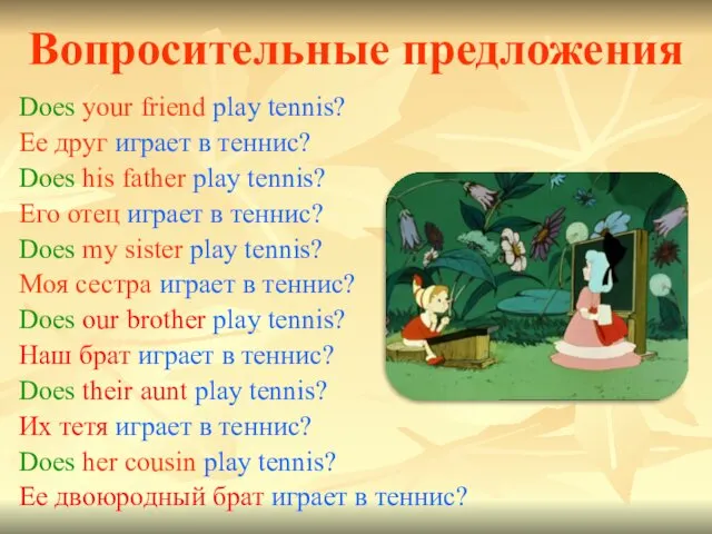 Вопросительные предложения Does your friend play tennis? Ее друг играет в теннис? Does