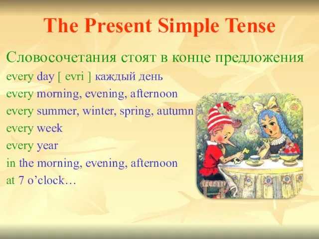 The Present Simple Tense Словосочетания стоят в конце предложения every day [ evri
