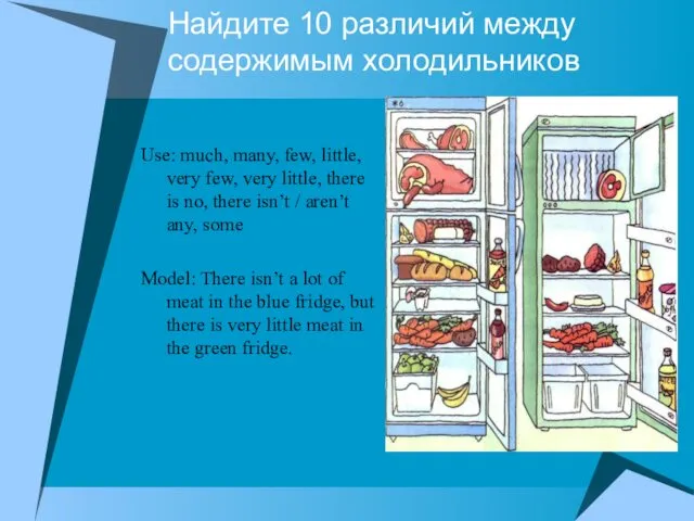 Найдите 10 различий между содержимым холодильников Use: much, many, few, little, very few,