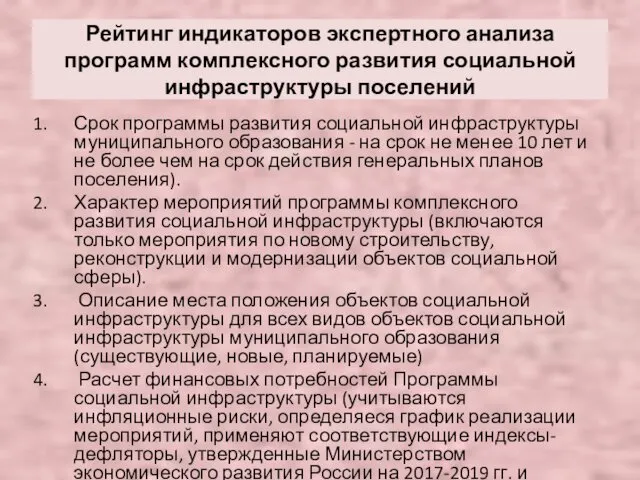 Рейтинг индикаторов экспертного анализа программ комплексного развития социальной инфраструктуры поселений