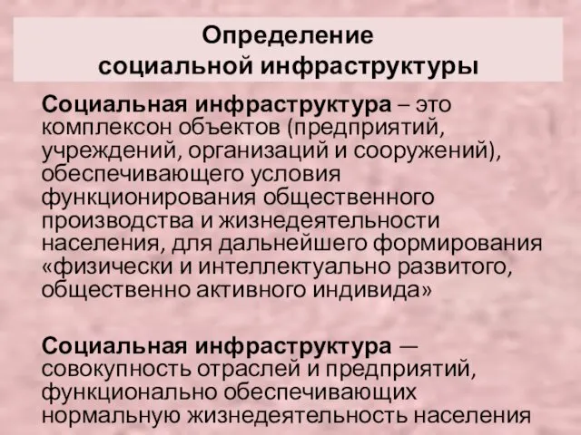 Определение социальной инфраструктуры Социальная инфраструктура – это комплексон объектов (предприятий,