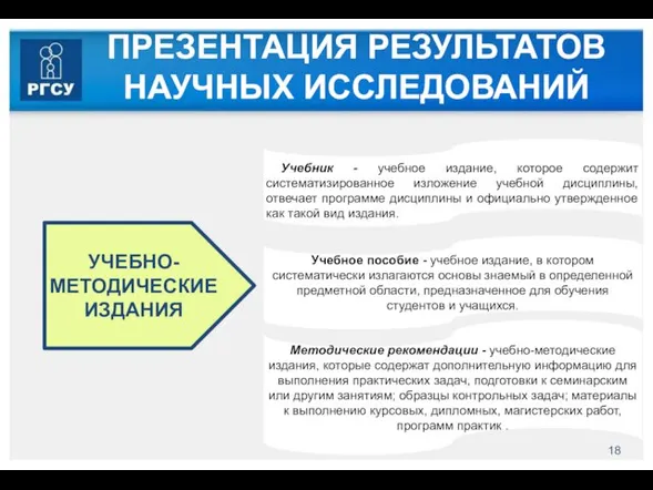 ПРЕЗЕНТАЦИЯ РЕЗУЛЬТАТОВ НАУЧНЫХ ИССЛЕДОВАНИЙ УЧЕБНО- МЕТОДИЧЕСКИЕ ИЗДАНИЯ Учебник - учебное