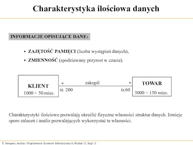 Charakterystyka ilościowa danych ZAJĘTOŚĆ PAMIĘCI (liczba wystąpień danych), ZMIENNOŚĆ (spodziewany przyrost w czasie).