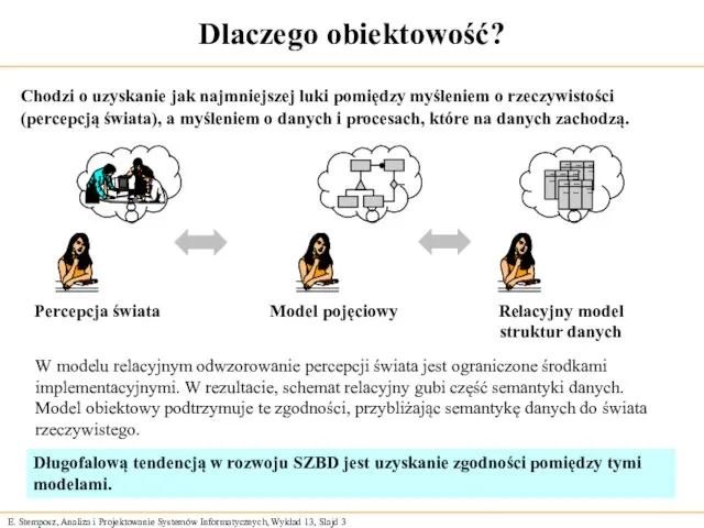 Dlaczego obiektowość? W modelu relacyjnym odwzorowanie percepcji świata jest ograniczone środkami implementacyjnymi. W