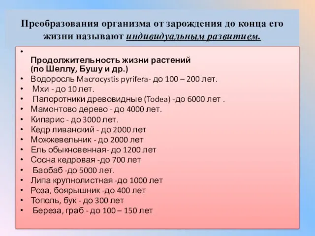 Преобразования организма от зарождения до конца его жизни называют индивидуальным