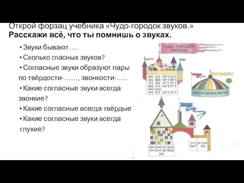 Открой форзац учебника «Чудо-городок звуков.» Расскажи всё, что ты помнишь