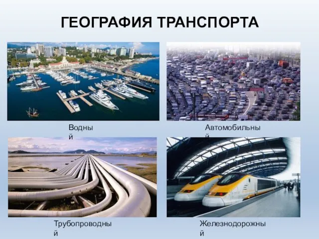 ГЕОГРАФИЯ ТРАНСПОРТА Водный Автомобильный Трубопроводный Железнодорожный