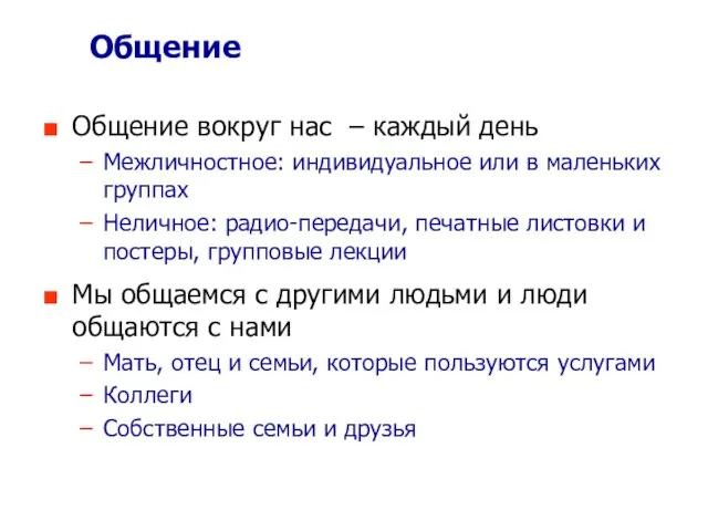 Общение Общение вокруг нас – каждый день Межличностное: индивидуальное или