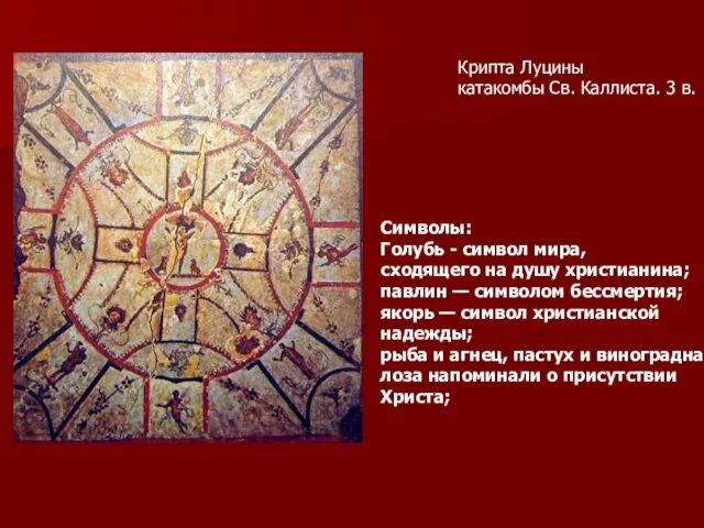 Крипта Луцины катакомбы Св. Каллиста. 3 в. Символы: Голубь -