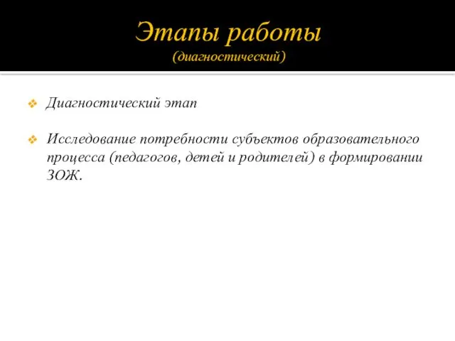 Этапы работы (диагностический) Диагностический этап Исследование потребности субъектов образовательного процесса