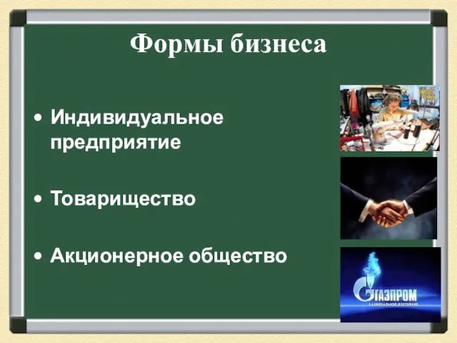 Индивидуальное предприятие Товарищество Акционерное общество Формы бизнеса