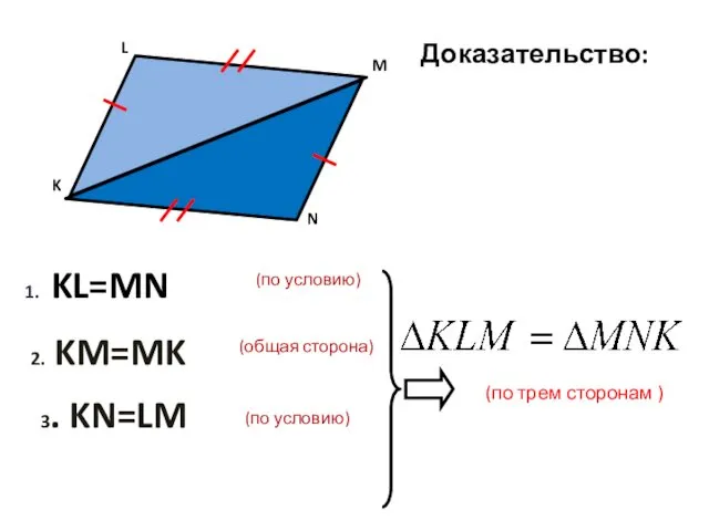 Доказательство: (по трем сторонам ) (по условию) 3. KN=LM 1. KL=MN (по условию)